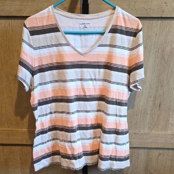 croft & barrow Tops - ( J51) Womans Sz XL Croft & Barrow Peach and Black Striped V-Neck Tee